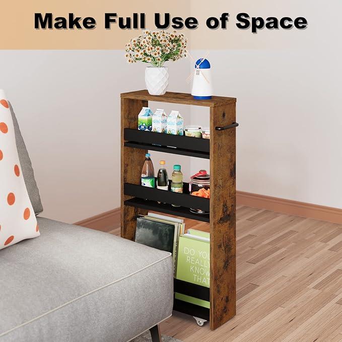 MARTY Slim Rolling Cart 4-Tier Utility Carts with Wheels Handle, Kitchen Storage Cart Slide Out Mobile Shelving Unit Organizer for Bathroom Laundry Room Organization Narrow Places (Rustic Brown) - ModernBath