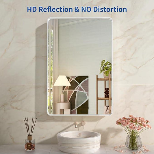 WEER White Bathroom Mirror 24X36 Inch, Rounded Rectangle White Metal Frame Mirror, Matte White Bathroom Vanity Mirror with Tempered Glass, Anti-Rust, Hangs Horizontally or Vertically - ModernBath