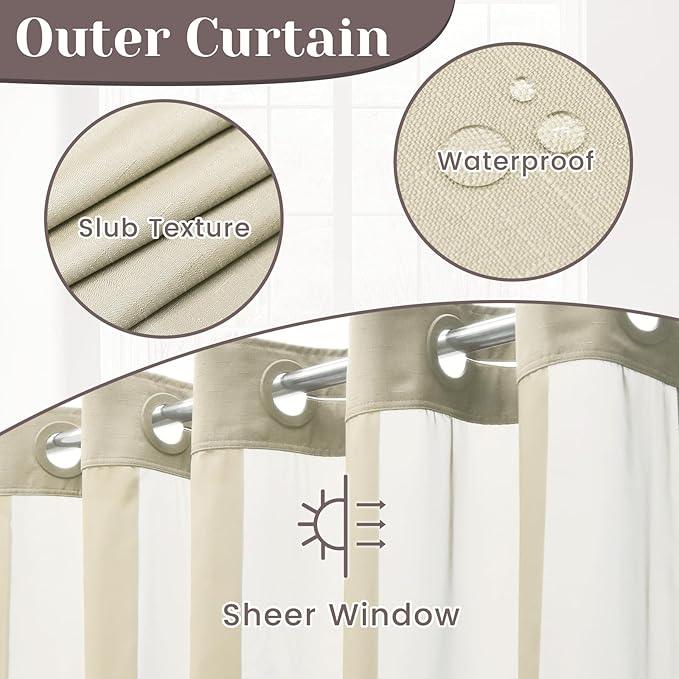 SORTTO No Hook Slub Textured Shower Curtain with Snap in Liner - Linen Fabric Outer Curtain & Waterproof Inner Liner, Hotel Style with See Through Top Window, 71x86 in - ModernBath