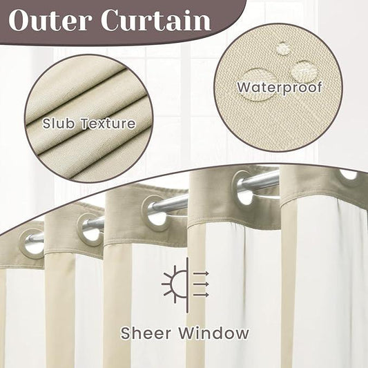 SORTTO No Hook Slub Textured Shower Curtain with Snap in Liner - Linen Fabric Outer Curtain & Waterproof Inner Liner, Hotel Style with See Through Top Window, 71x86 in - ModernBath