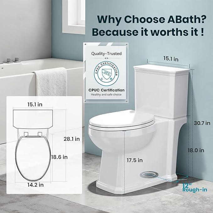 Two Piece Toilets for Bathrooms, Elongated Toilet with 17.5" Chair Height Soft Close Seat, 1.27 GPF Power Flush, Nano Self-Cleaning Glaze, WaterSense/1000g Map Certified, White ADA toilet 12" Rough In - ModernBath