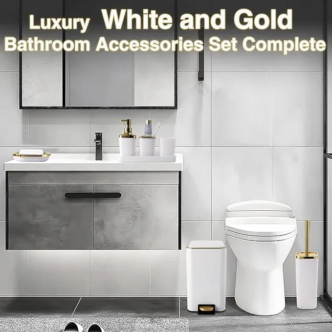 XLHOMO White Bathroom Accessories Set 8 Piece White and Gold Bathroom Set, Bathroom Sets with Stainless Steel Trash Can,Toilet Brush,Toothbrush Set,Soap Dispenser - ModernBath