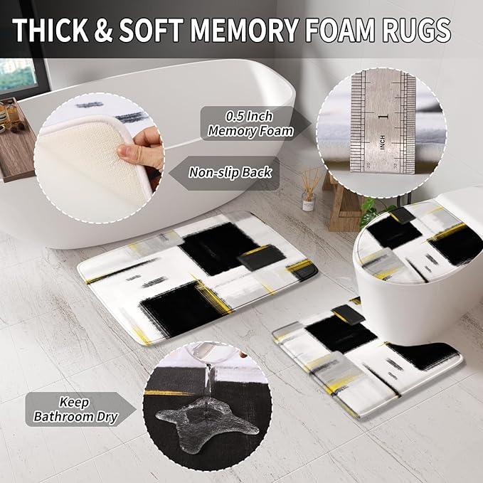 XLHOMO Bathroom Accessories Set - 25PC Bathroom Set with Shower Curtain and Rugs, Black Bathroom Set, Bathroom Accessory Set with Press-on Lid Trash Can, Soap Dispenser and Qtip Holders - ModernBath