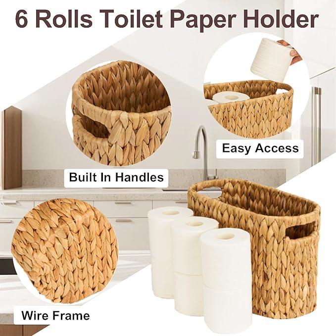 FairyHaus Wicker Toilet Paper Storage Basket with Buit-in Handles, 6 Rolls Natural Water Hyacinth Toilet Paper Holder Stand with Storage, Freestanding Handwoven Toilet Paper Holder Basket for Bathroom - ModernBath