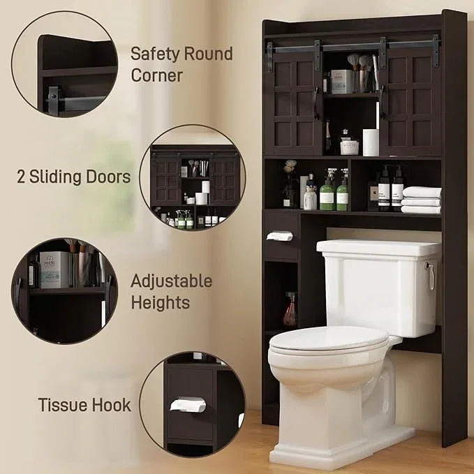Over The Toilet Storage Cabinet, Farmhouse Storage Cabinet Over Toilet with Sliding Doors，Home Space-Saving Toilet Rack, for Bathroom, Restroom, Laundry. Espresso - ModernBath