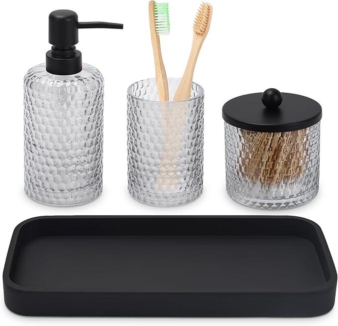 Bathroom Accessory Set,4 Pcs Clear Glass Bathroom Accessories Set-Lotion Soap Dispenser,Toothbrush Holder,Qtip Holder Dispenser & Resin Vanity Tray,Countertop Vanity Organizer,Crystal Clear - ModernBath