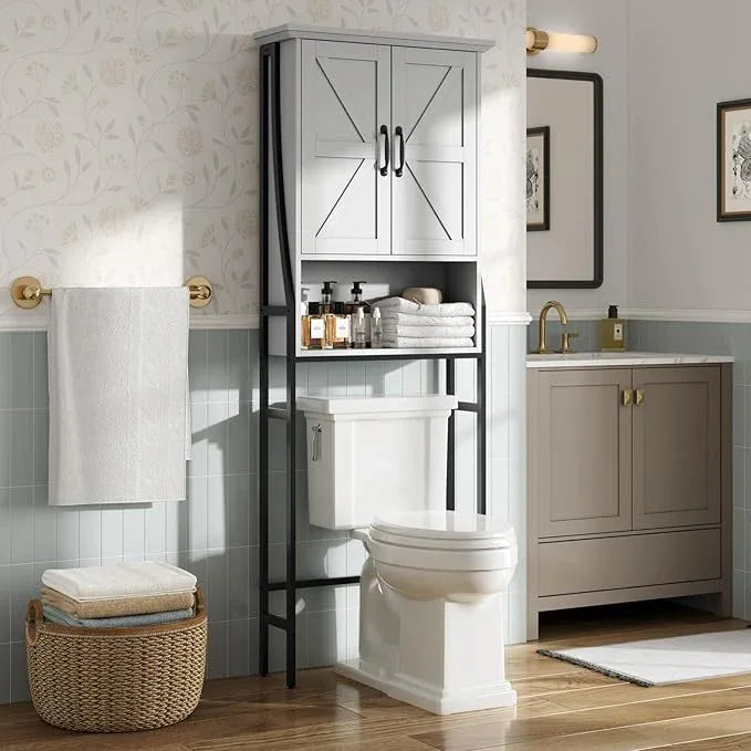 Over The Toilet Storage Cabinet, Over Toilet Bathroom Organizer with Barn Doors Above Toilet Storage Cabinet Spacesaver Rack Behind Toilet Bathroom Organizer (Gray) - ModernBath