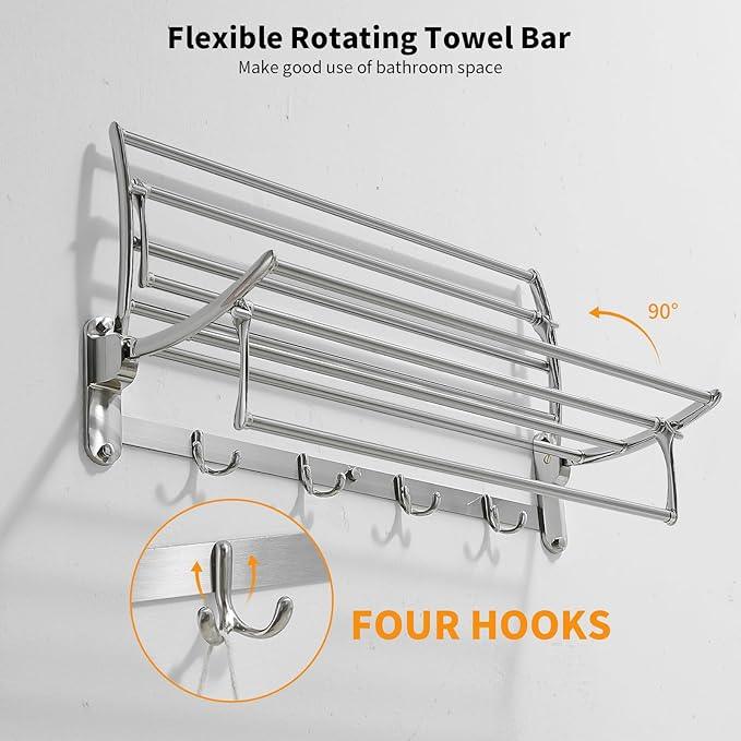 BESy 24 Inch Brushed Nickel Towel Racks, Bathroom Towel Shelf with Foldable Towel Bar Holder and Towel Hooks, Wall Mounted Multifunctional Bathroom Accessories, Double Towel Bars - ModernBath