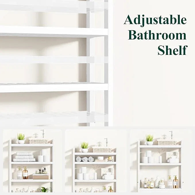 Smiry Over The Toilet Storage Cabinet, 4-Tier Bamboo Bathroom Organizers with Adjustable Shelf & 4 Hooks, Space Saving Shelf Rack for Bathrooms, Laundry Room, Balcony, White - ModernBath