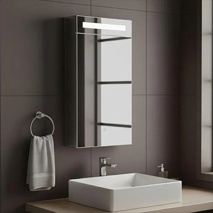 Fine Fixtures Bathroom Medicine Cabinet, Aluminum, Recessed/Surface Mount, Mirrored Interior w/LED (15 x 40 Right) - ModernBath