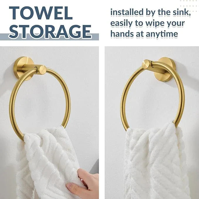 APLusee Brushed Gold Hand Towel Ring, 304 Stainless Steel Flexible Round Towel Holder for Bathroom Kitchen, Wall Mounted - ModernBath