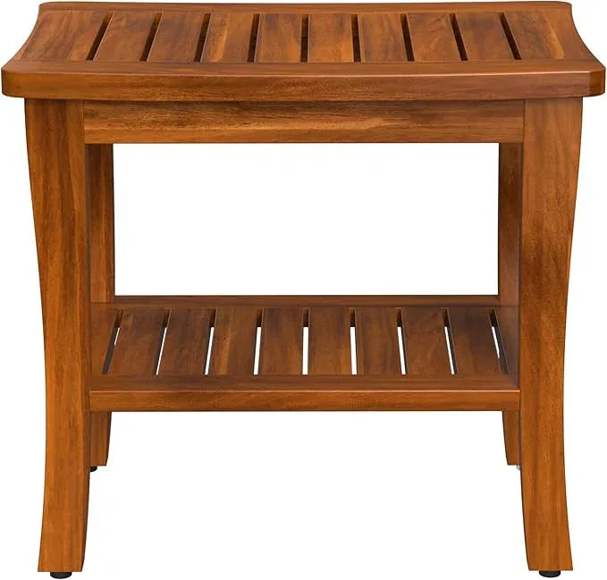 Large Teak Wood Shower Bench Stool with Storage Shelf Wooden Teak Bench for Shower Seat Chair for Inside Shower Waterproof Teakwood Shower Bench Bathroom Spa Bathing Shower Stool with Non-Slip Feet - ModernBath