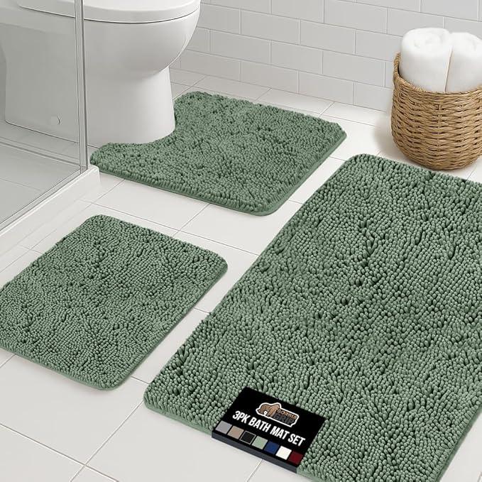 GORILLA GRIP Bathroom Rug Sets 3 Piece, Bath Mat Set and Oval Toilet Base with Rubber Backing, Plush Absorbent Shaggy Chenille Washable Mats, Includes 24x19.5, 24x17 and 36x24 Inch Rugs, Sage - ModernBath