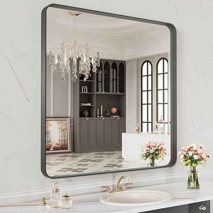 LOAAO 32X32 Inch Black Metal Framed Bathroom Mirror for Wall, Matte Black Bathroom Vanity Mirror Farmhouse, Anti-Rust, Hangs Horizontally or Vertically - ModernBath