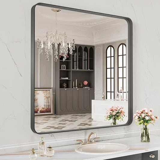 LOAAO 32X32 Inch Black Metal Framed Bathroom Mirror for Wall, Matte Black Bathroom Vanity Mirror Farmhouse, Anti-Rust, Hangs Horizontally or Vertically - ModernBath