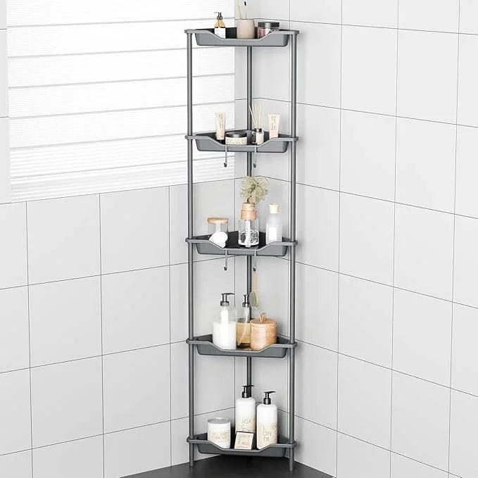 ODesign 5 Tier Floor Standing Corner Shower Caddy Organizer, Plastic Metal Floor Corner Shelf Storage Rack for Bathroom Grey - Rustproof - ModernBath