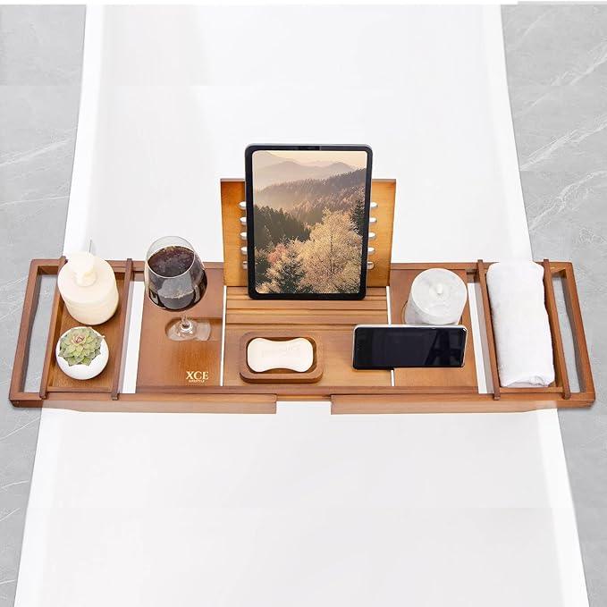 XcE Bamboo Bathtub Caddy Tray - Expandable to 41 Inches with Book Stand, Soap Holder & Anti-Slip Pads for Luxury Bath Spa, Brown - ModernBath