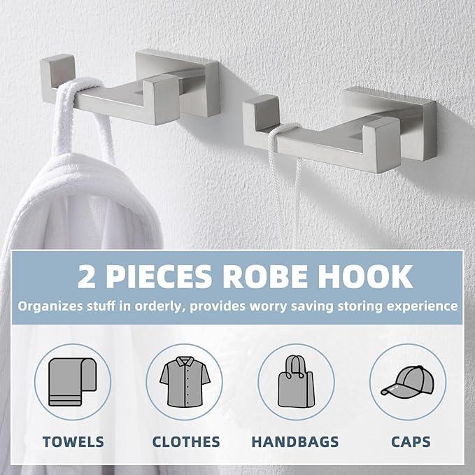APLusee Double Bath Towel Hook 2 Pack, 304 Stainless Steel Square Dual Coat Holder, Modern Bathroom Kitchen Storage Hanger Wall Mounted, Brushed Nickel - ModernBath
