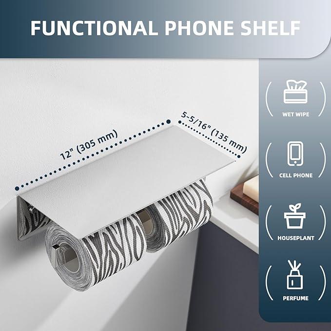 Angle Simple Double Toilet Paper Holder with Shelf Polished Chrome, 304 Stainless Steel Toilet Tissue Roll Holder Wall Mount - ModernBath