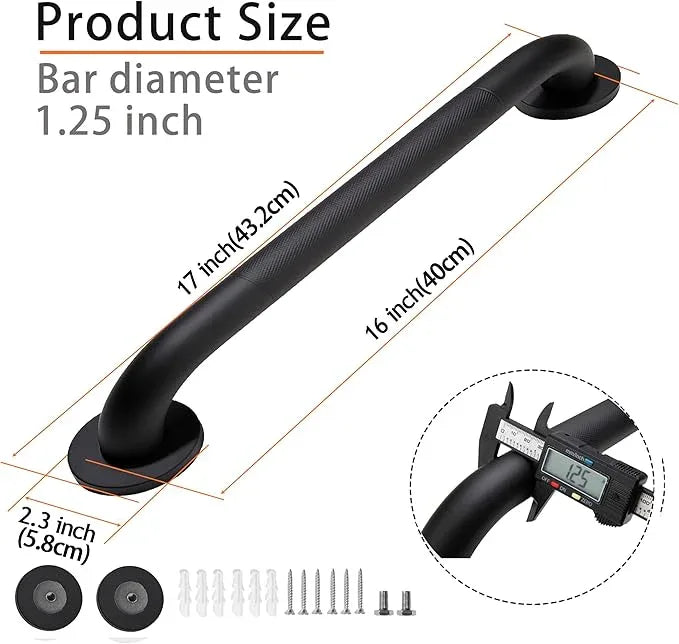 Rackickyer Shower Grab Bar, 2 Pack 16 Inch Black Bathroom Grab Bar, 1.25" Diameter 304 Stainless Steel Anti-Slip Grab Bars for Bathtubs and Showers, Handicap Shower Grab Bar for Seniors Elderly - ModernBath