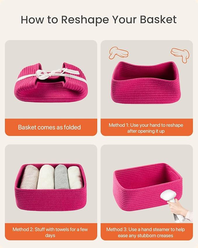 Small Woven Basket, 12 x 8 x 4.5 Inches, Storage Basket for Organizing, Cute Small Rope Shelf Closet Cube Storage Bins Baskets for Shelves, Dog Toy Gift Baskets Empty, 3 Packs, Hot Pink - ModernBath