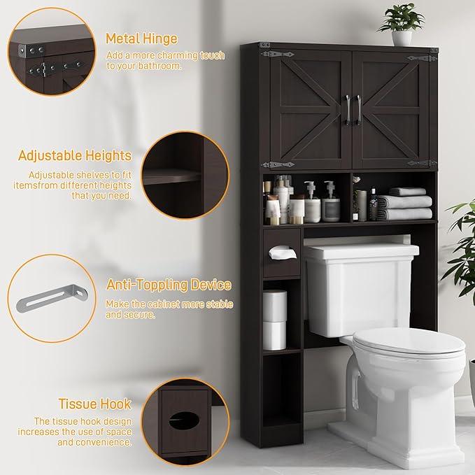 Vabches Over The Toilet Storage Cabinet, Farmhouse Storage Cabinet Over Toilet with 2 Barn Doors & Toilet Paper Holder Stand，Home Space-Saving Toilet Rack, for Laundry, Restroom, Bathroom.Walnut - ModernBath