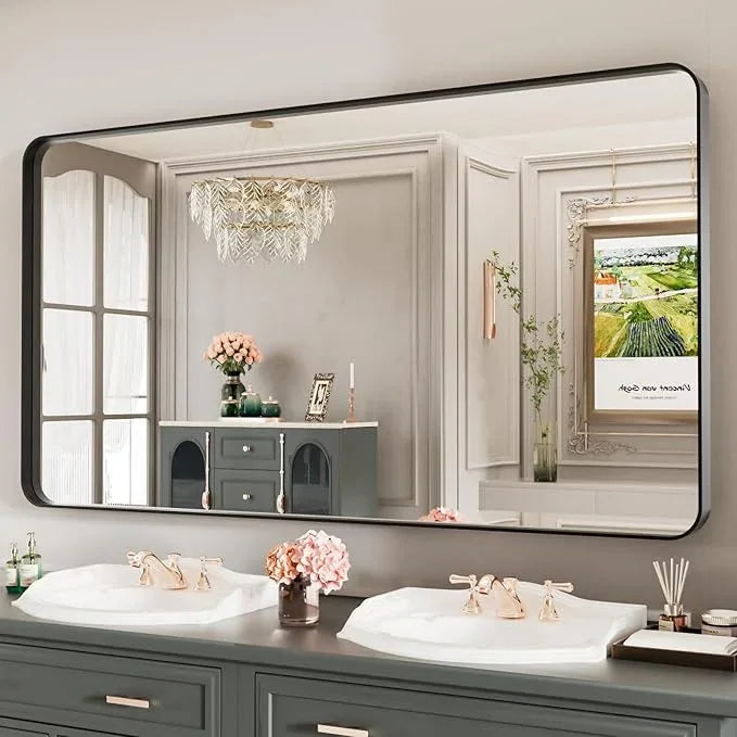 LOAAO Black Metal Framed Bathroom Mirror for Wall, Large 55X30 Inch Rounded Rectangle Mirror, Matte Black Bathroom Vanity Mirror Farmhouse, Anti-Rust, Tempered Glass, Hangs Horizontally or Vertically - ModernBath