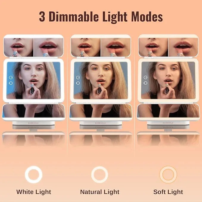 EASEHOLD Lighted Makeup Mirror with Magnification, Makeup Mirror with ligths, 2X 3X 10X Magnifying, Rechargable LED Mirror with 3 Colors Lights for Makeup Desk, Gifts for Women - ModernBath