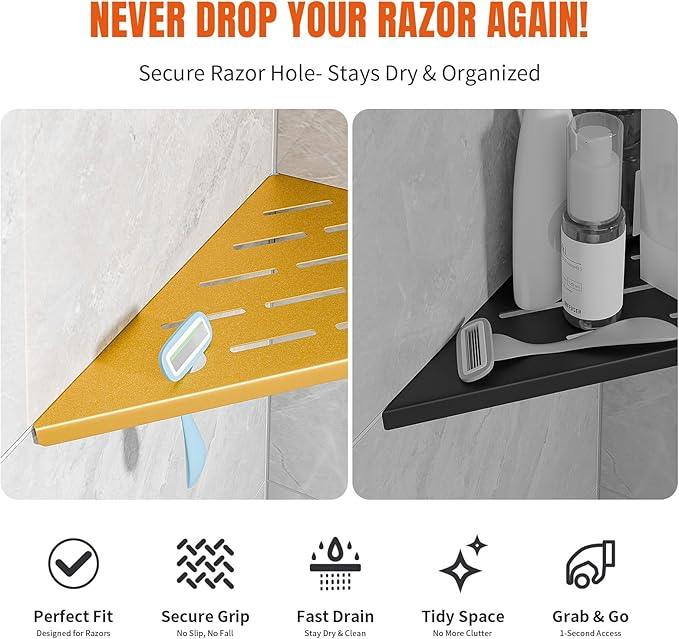 Shower Corner Shelf with Razor Hole,Modern Style Shower Caddy, Sturdy 304 Stainless Steel Shower Organizer,No Drilling Bathroom Corner Shelf for Tile Wall Gold 2 Pack-10 - ModernBath