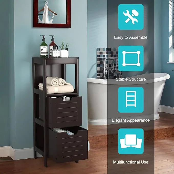 Tangkula Bathroom Floor Cabinet, Narrow Wood Storage Cabinet w/2 Switchable Drawers, Multifunctional Side Cabinet for Bathroom, Freestanding Small Cabinet for Small Spaces, 12 x 12 35 Inch (Espresso) - ModernBath