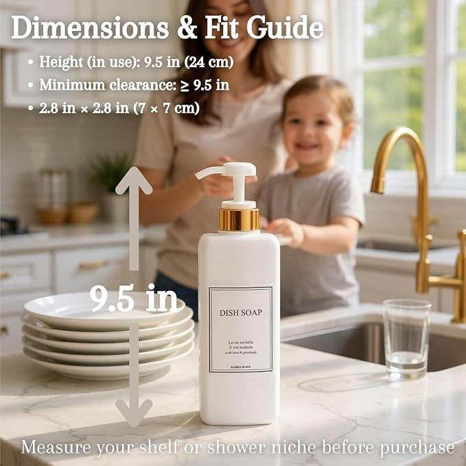Modern Gold Design Shampoo and Conditioner Dispenser, Large 27oz Shower Soap Dispenser, Set of 3 Refillable Empty Plastic Pump Bottles for Bathroom and Body Wash (6 Waterproof Labels Included), White - ModernBath