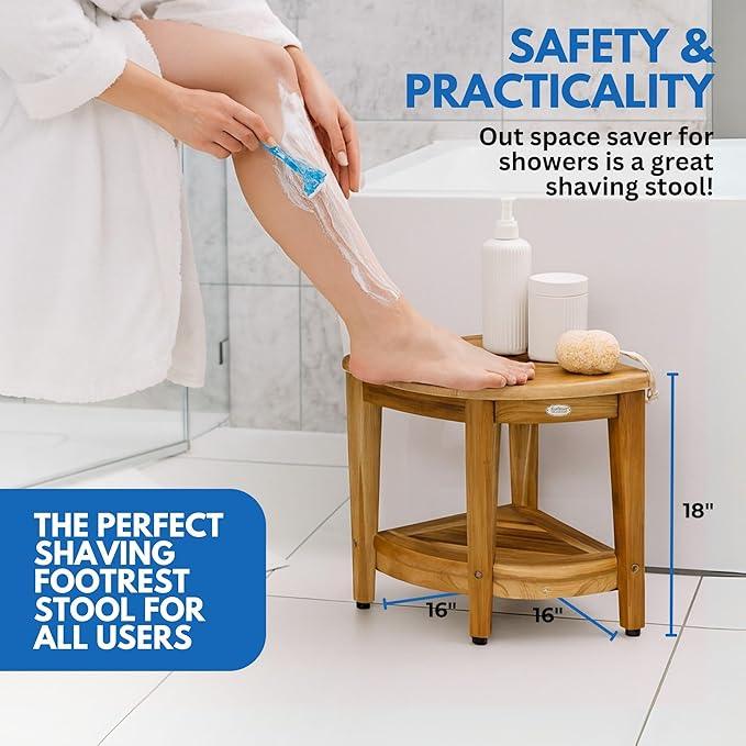 EcoDecors Teak Shower Corner Caddy 18" – Waterproof Wood Storage Organizer with Built-in Shelf and Adjustable Feet - Ideal for Small Bathrooms & Walk-in Showers - Indonesian Teak - ModernBath