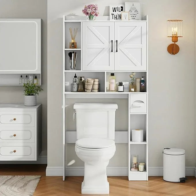 Vabches Over The Toilet Storage Cabinet, Farmhouse Storage Cabinet Over Toilet with 2 Barn Door & Toilet Paper Holder Stand，Home Space-Saving Toilet Rack, for Bathroom, Restroom, Laundry - ModernBath