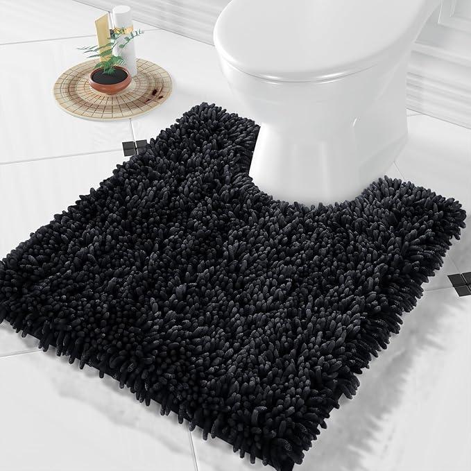 Yimobra Toilet Rugs U Shaped Washable, Extra Thick Soft Absorbent Chenille Contour Bathroom Rugs for Toilet 24x20 Inch, Quick Dry Non Slip Toilet Mat for Bath Floor, Black - ModernBath