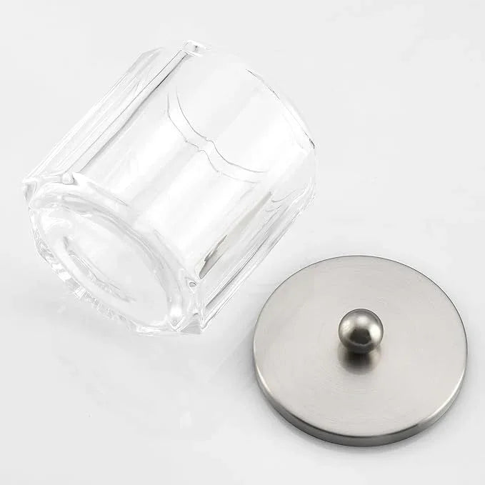Indecor Home Clear Transparent Apothecary Octagional Shaped Glass Canister Jar With Satin Nickel Metal Lid Cover for Bathroom Organization, Cotton Balls, Q Tips, and Small Accessories, Bath Storage - ModernBath