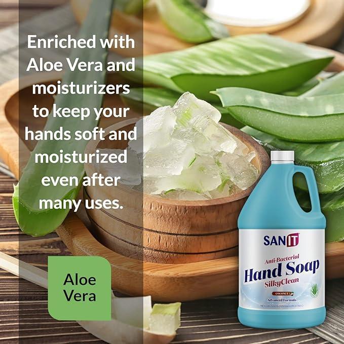 Sanit Silky Clean Antibacterial Liquid Gel Hand Soap Refill - Advanced Formula with Coconut Oil and Aloe Vera - All Natural Moisturizing Hand Wash - Made in USA, Coconut, 1 Gallon - ModernBath