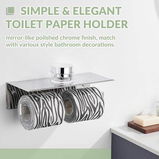 APLusee Double Toilet Paper Holder with Phone Shelf, 304 Stainless Steel Bathroom Tissue Hanger, Wall Mounted Dual Roll Paper Dispenser, Polished Chrome - ModernBath