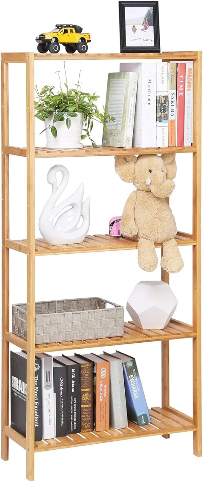 SONGMICS Bamboo Storage Shelf, 5-Tier Shelving Unit, Multifunctional, in The Entryway, Bathroom, Living Room, Balcony, Kitchen, 10.2 x 23.6 x 51.2 Inches, Light Bamboo UBCB35Y - ModernBath