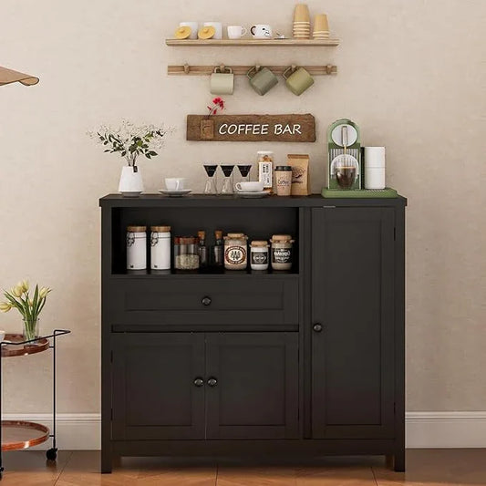 Storage Cabinet with Doors and Drawers,Kitchen Storage Cabinets，with Drawer and Adjustable Shelf (Black) - ModernBath