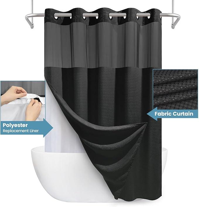 EUTXL Black Long Shower Curtain with Liner - 230GSM Waffle Textured Heavy Duty Shower Curtains for Bathroom,71W x 86H - ModernBath