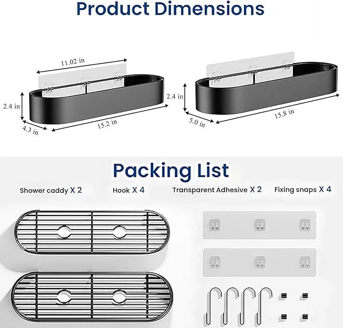 X-Large Adhesive Shower Caddy, 2 Pack Bathroom Organizers and Storage with Large Capacity and 4 Hooks, No Drilling Shower Shelves for Inside Shower for Bathroom, Dorm and Kitchen - ModernBath