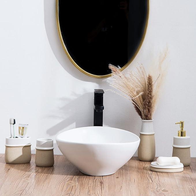 Bathroom Accessories Set,Farmhouse Bathroom Decor,4 Pcs Ceramic Gift Set Apartment Necessities, Contain Toothbrush Cup,Soap Dispenser,Soap Dish,Tumbler,Beige - ModernBath