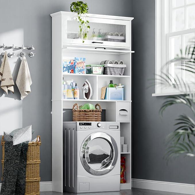 Over The Toilet Storage Cabinet with Transparent Door, Toilet Paper Storage Cabinet with Multi Layer Shelves Suitable for Bathroom, Laundry Room, Freestanding Bathroom Storage Rack,White - ModernBath