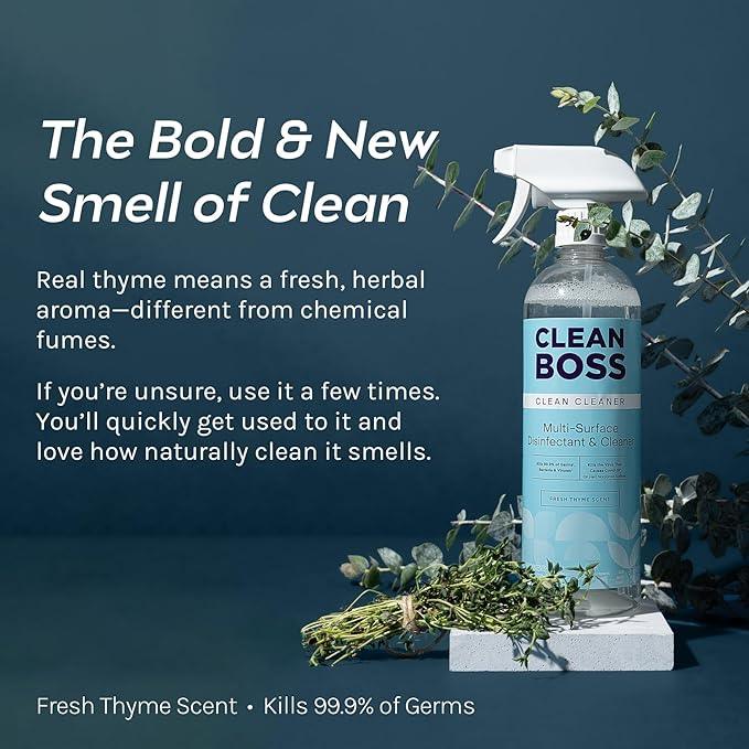 CleanBoss Botanical Disinfectant - 24 oz (Pack of 2) - Multi-Surface Cleaner - Kills 99.9% of Germs + Cold & Flu Viruses - Fresh Thyme Scent - No Rinse on Food Contact Surfaces - Pet Friendly - ModernBath