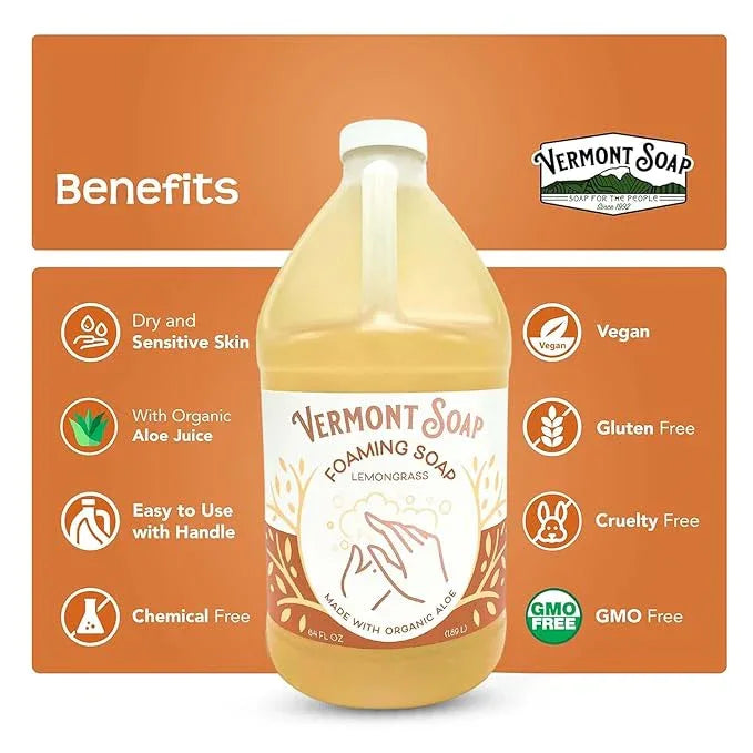 VERMONT SOAP Organic Lemongrass Zen Foaming Hand Soap - Natural Moisturizing Soap for Dry Skin - Fragrance Free Liquid Bathroom Hand Soap - Lemongrass Zen - 64 oz - ModernBath