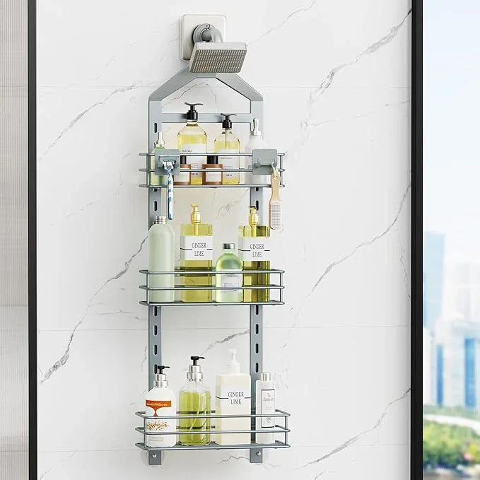 Orimade Adjustable Anti-slip Shower Caddy Overhead, Rustproof Hanging Shower Organizer With 2 Razor Hooks - No Drilling, 3-Tier Shelves, Silver Grey - ModernBath