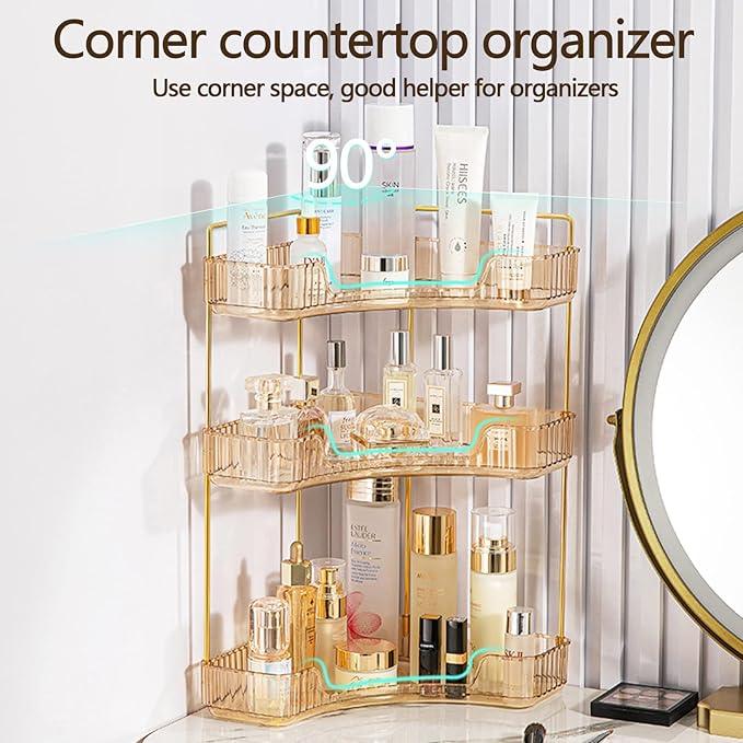 shuang qing 3-Tier Corner Bathroom Counter Organizer – Classic Storage Shelf for Makeup, Perfume & Toiletries, Space-Saving Countertop Tray Fits Bathroom, Dresser, Kitchen (Vintage Gold) - ModernBath