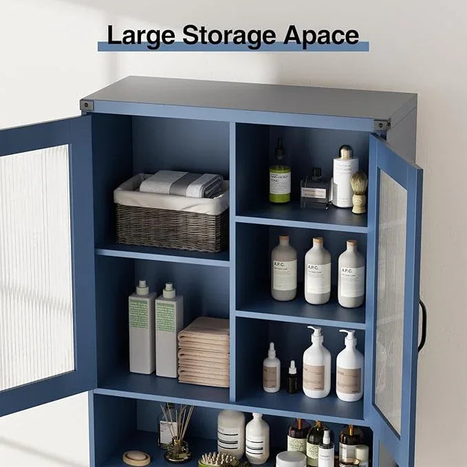 Over The Toilet Storage Cabinet with Tempered Glass Doors and Adjustable Shelf, Bathroom Organizer with Metal Stand Space Saver Over Toilet , Modern Toilet Rack for Bathroom, Restroom, Laundry, Blue - ModernBath