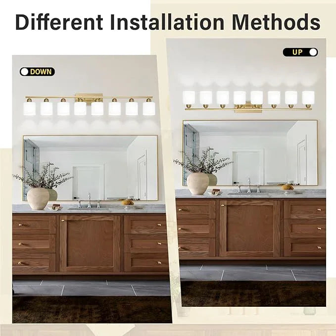 8 Light Bathroom Light Fixtures Gold for Big Mirror, Brushed Gold Vanity Lights for Bathroom with Milky White Frosted Glass Shades, 51 inch Wall Sconce for Mirrors Living Room Bedroom - ModernBath
