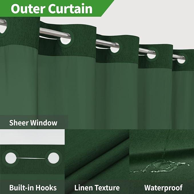 eachope Long No Hooks Needed Linen Textured Shower Curtain with Snap-in Fabric Liner Set,Hotel Luxury Decor Shower Curtains for Bathroom,Waterproof & Washable,71Wx80H,Emerald Green - ModernBath